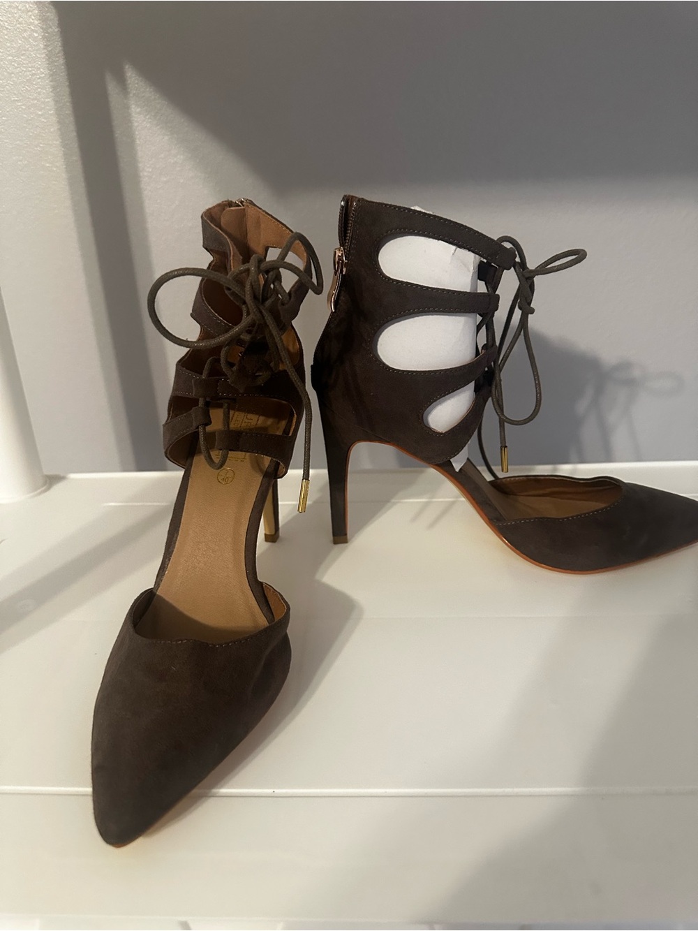 Lace-Up Pointed-Toe High Heels in Dark Brown Suede